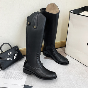 Bottes de chevalier équestre à la mode noire pour femmes avec fermeture à glissière arrière Baril haut et produits de cheval à talons bas - Product Image 5