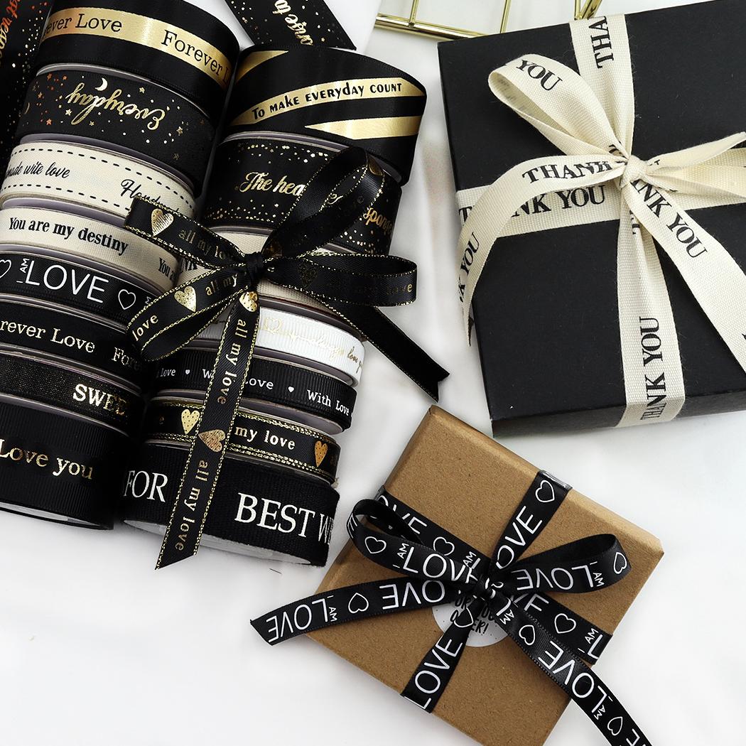 Black Ribbon Printed Web Ribbon for Birthday & Valentine's Day Holiday Gift Wrapping Polyester Belt