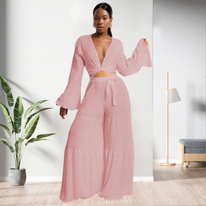 ชุดเซ็ต 2 ชิ้น เสื้อครอปคอวีลึกผ้าสเตรช กางเกงขายาวทรงกว้าง สไตล์ลำลองสำหรับผู้หญิง รุ่นใหม่ล่าสุด - Product Image 4