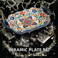 Plateau de service bohème en céramique, peint à la main, motif floral, bord festonné, double poignée, pour la restauration