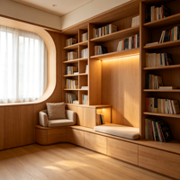 Élégante bibliothèque autoportante en chêne naturel avec niche fenêtrée à cadre arrondi, siège coussiné intégré et éclairage d'appoint chaleureux