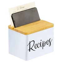 Couvercle de boîte à recettes avec support pour téléphone et porte-cartes à recettes en métal Boîte en fer blanc Conteneur alimentaire Boîte de rangement en bois Rectangle moderne