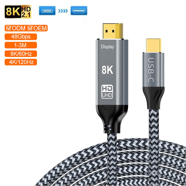 8k USB-C to HDMI Conversion Adapter Cable Electronic 48gbps Bandwidth Braided Mesh Male-to-Male Type C to HDMI Cable