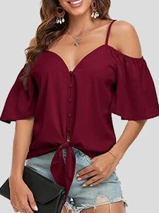 Camiseta sin Tirantes para Mujer, Estilo Casual, Cuello en V Profundo, Poliéster, Color Sólido, con Cordones, Elegante, Nueva Colección <span class=keywords><strong>de</strong></span> Verano - Product Image 6