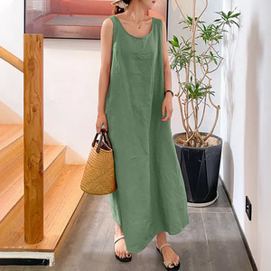 Cotton Linen Sleeveless Long Dress Scoop Neck Loose Fit Casual For Women Yellow - Product Image 3