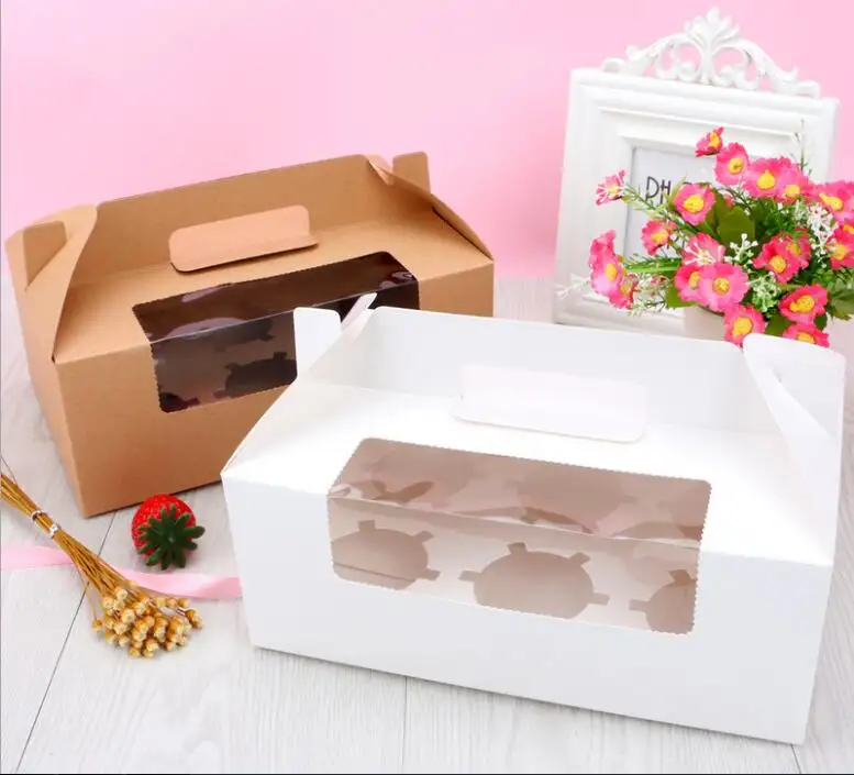 Fabrik benutzer definierte Griff Take Out Box Weiß Braun Kraft papier Cupcake Boxen Take Away Food Box für die Verpackung Geschenk Dessert Keks