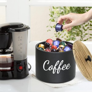 Caja de almacenamiento para cápsulas de café con tapa, etiqueta de café grabada en blanco y negro para uso en el escritorio de la cocina - Product Image 2