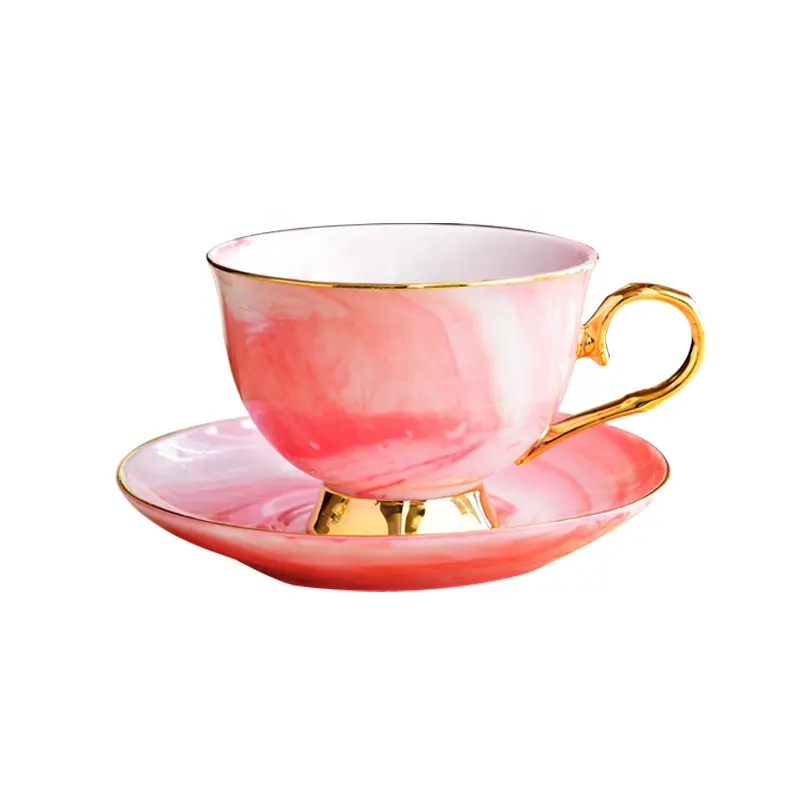 ถ้วยกาแฟเซรามิกลายหินอ่อนสีชมพูสไตล์นอร์ดิก,ชุดถ้วยชาและจานรองงานแต่งงานหรูหรา