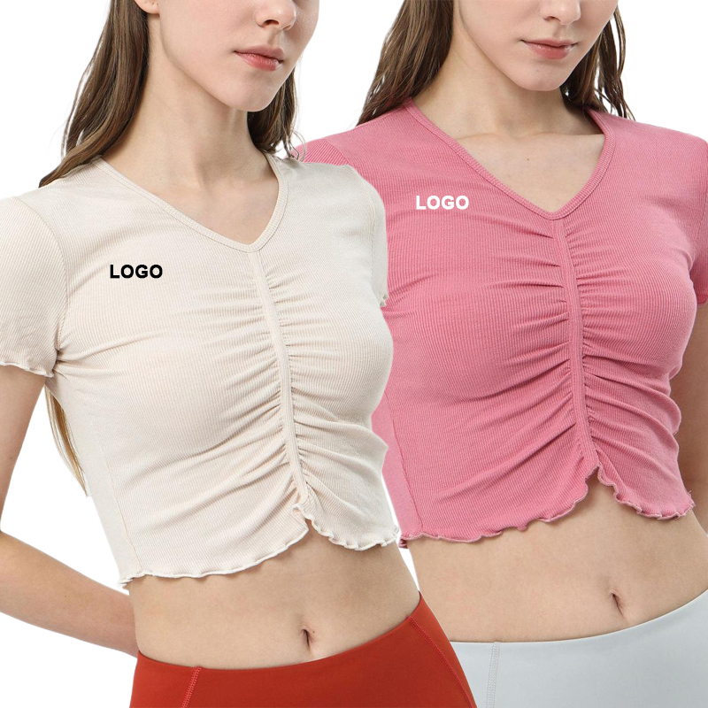 Hot Sale V-Neck Slit Fitness Pleated Design Short Sleeve Sports Top Quick Dry Breathable Outdoor Running Exercise Yoga Tops