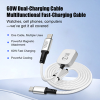 Cable de Carga USB C 2 en 1 de 60W y Cargador Inalámbrico Magnético de 5W para Reloj Inteligente y Teléfono Móvil