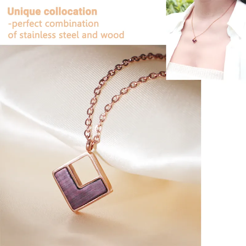 SOPEWOD Wood Inlay Rose Gold Plated Bracelet Necklace Women Earrings Stainless Steel Jewelry Set