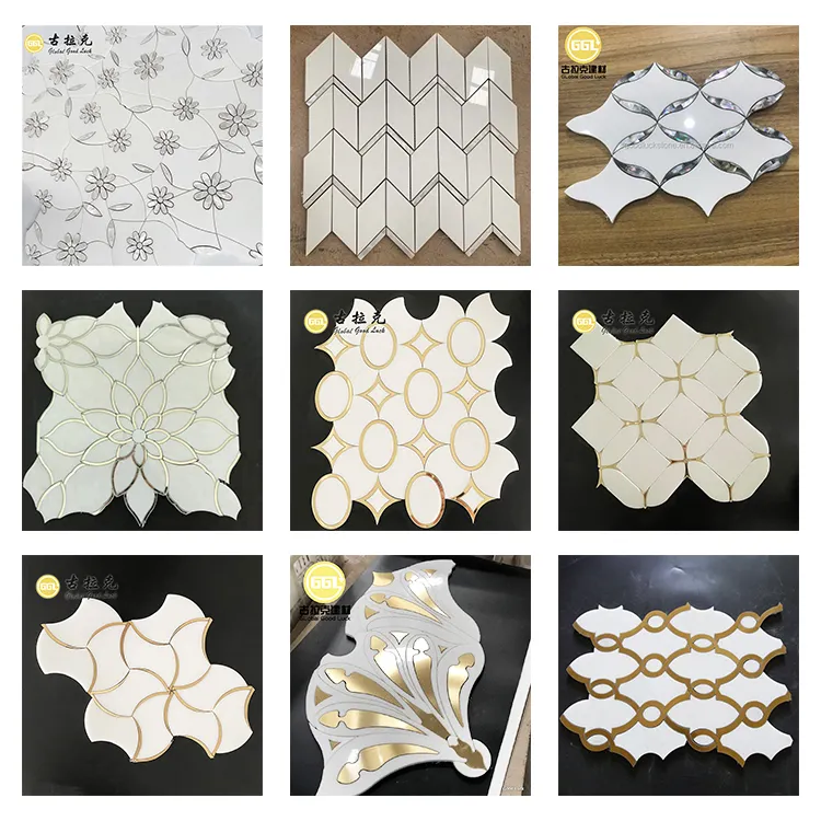 custom irregular shape waterjet stone mix glass brass shell mosaic tile