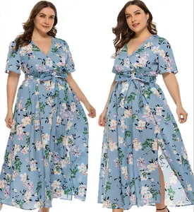 Plus Size Jurk Bohemen V-hals Split Korte Mouw Jurk Buitenlandse Handel Vrouwen Gedrukt Lange Strand Jurk