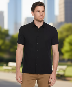 Camicia Perry Ellis da uomo a maniche corte in tessuto dobby, tinta unita, con colletto a risvolto, antipiega, estiva, casual ed elegante - Product Image 2