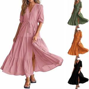 Price Deep V Neck Short Sleeve Boho <b>Dress</b> Solid High Waist Slit A-Line Flowy Drawstring <b>Dress</b> Club Party Evening Maxi <b>Dress</b> - Product Image 1