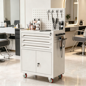 Carrito de Peluquería Móvil con Cajones y Gabinete con Cerradura, Carrito Rodante para Almacenamiento de Herramientas de Peluquería con Panel Perforado para Tintes de Cabello - Product Image 1