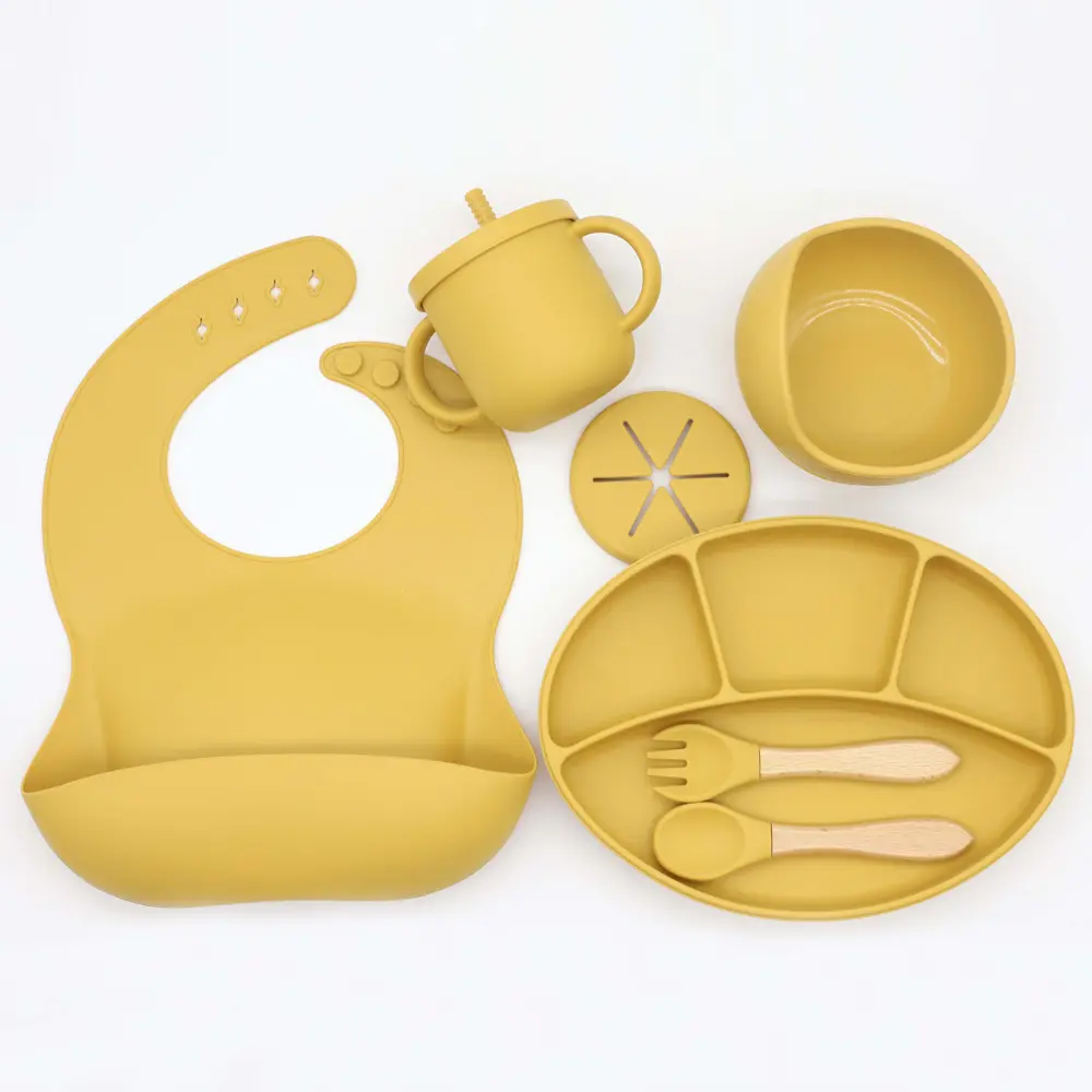 Bol en silicone antidérapant pour enfants, bol, assiette, tasse, bavoir, cuillère, fourchette, sevrage, ensemble d'alimentation pour bébé