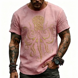 Pronta Consegna dalla Taglia S alla 3XL, T-Shirt Vintage Effetto Lino con Stampa Polpo Dorato, 140gsm, Asciugatura Rapida, Vestibilità Comoda Estiva, Maglietta Casual da Uomo - Product Image 3