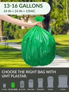 Bolsas de basura desechables compostables verdes de 13-16 galones, 15 micrones, 24x24 pulgadas, exposición de supermercado de PE reciclado ecológico - Product Image 5