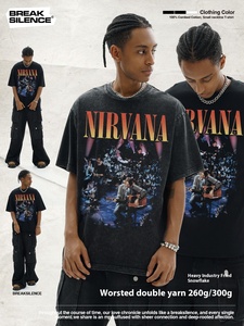 Pour <span class=keywords><strong>NIRVANA</strong></span> <span class=keywords><strong>Vintage</strong></span> hommes <span class=keywords><strong>T</strong></span>-<span class=keywords><strong>shirt</strong></span> rétro Style américain transfrontalier lavé en détresse petit décolleté lourd 300 grammes de haut - Product Image 2