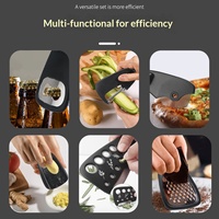 Nouvel ensemble de 6 ustensiles de cuisine empilables en acier inoxydable, fourni par l'usine : éplucheur de melon, coupe-herbes, râpe, presse-ail, ouvre-boîte
