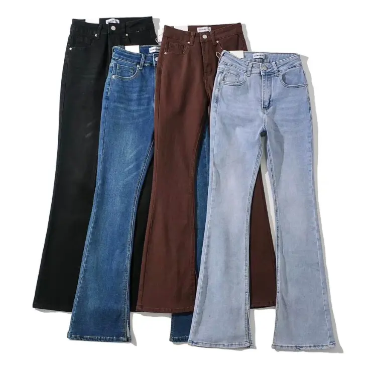 Jean denim pour femme, pantalon pattes d'éléphant, moulant, extensible, de taille haute, fait en tissu denim, à la hanche,