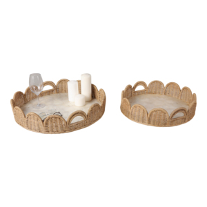 Vassoio Decorativo Intrecciato con Bordo Ondulato e Inserto in Marmo, Vassoio Rotondo per Bagno, Gioielli, Oggetti di Valore, Comodino, Tavolino da Caffè, Centrotavola - Product Image 1