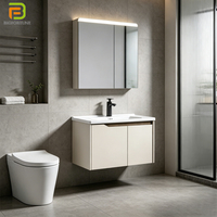 Meubles de salle de bain en PVC, vanités de salle de bain modernes murales avec lavabo en céramique, armoire de salle de bain avec miroir LED