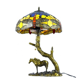 LongHuiJing 16Inch Dragonfly Tiffany Stained Glass LED Mediterranean Dome Lamp AC Resin Horse Carrying Kid Base Home Table - Product Image 1
