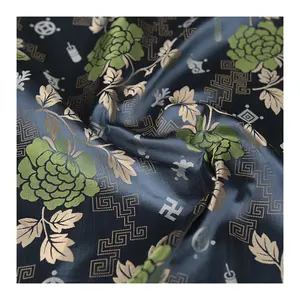 Hot sale dark blue flower pattern silk brocade fabric for evening dress
