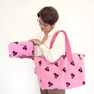 Large capacity cute pink cloth customized logo travel teddy puffy Cherry handbags women's tote bags shoulder bags high quality