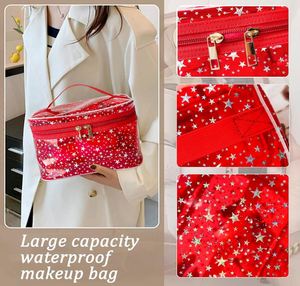 White Star Print PVC Makeup <b>Bag</b> with Handle - 8.66 * 5.51 * 5.51 Inch,<b>Clear</b> Storage <b>Bag</b> <b>Toiletry</b> Pocket Portable Zippered Pouch - Product Image 3