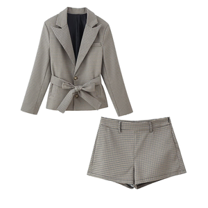 Conjunto de Traje de 2 Piezas a Cuadros para Mujer, Blazer con Cinturón y Pantalones Cortos por Encima de la Rodilla, Estilo de Oficina para Primavera/Verano - Product Image 1