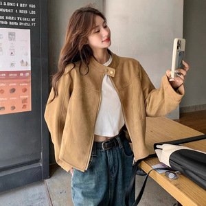Khaki <b>Suede</b> <b>Jacket</b> Women Short Loose Fit Full Sleeve Cow <b>Suede</b> Autumn Casual Korean Style Coat - Product Image 3