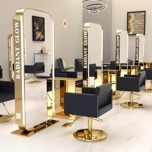 Modern Luxury Double Sides Hair Station <strong>Salon</strong> Furniture Gold Beauty <strong>Salon</strong> Mirror Station With <strong>Led</strong> <strong>Lighting</strong> and Cabinet - Product Image 2
