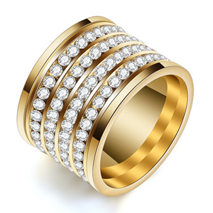 Bague pour femme en acier inoxydable 15 mm, sertie de diamants, quatre rangs, monture pavée, bijoux de mode pour soirée, couleur or - Product Image 1