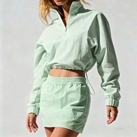 Ensemble 2 pièces coupe-vent court à demi-zip : veste à manches longues + mini-jupe – Tenue décontractée de sport pour femme