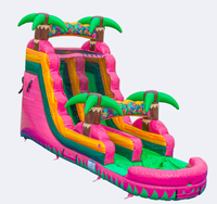 Toboggan aquatique gonflable rose vif tropical pas cher, toboggan aquatique double piste palmier pour enfants, idéal pour carnaval et fêtes à la piscine