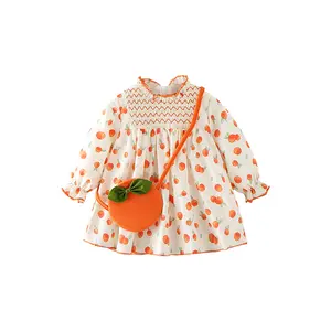 Lovely Sweet Summer Girls Dresses Knitted Polyester cotton children's dress with Orange Print