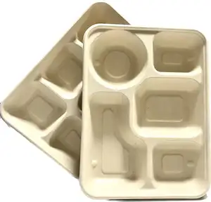 Ecofriendly Food Boxes Takeaway Packing Biodegradable Bagasse 6 Compartment Disposable Sugarcane Food Serving Tray Container