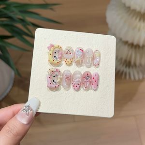 <span class=keywords><strong>Uñas</strong></span> Postizas Francesas Hechas a Mano de Alta Calidad con Lindos Puntos, <span class=keywords><strong>Uñas</strong></span> Postizas Cortas Cuadradas con Diseño Único de Gatito y Lazo - Product Image 2