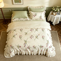 Parure de lit en coton 100% vert sauge à motifs floraux botaniques, style nordique pastoral avec volants superposés, ensemble housse de couette vert sauge et vert sarcelle