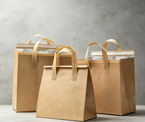 Insulated tote bag made of thickened kraft-textured non-woven fabric with reinforced stitched webbing <b>handles</b> - Product Image 2