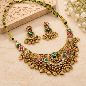 Temple <b>SIlver</b> Gold <b>Necklace</b> <b>Set</b> With Green <b>And</b> Red Stones Bridal Choker <b>Necklace</b> With Matching <b>Earrings</b> South Indian - Product Image 6