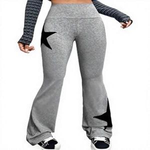 Pantalones acampanados grises de cintura alta para mujer Hardhoodi Interation con estampado de estrellas negras, cintura elástica, ajuste holgado informal para yoga y entrenamiento. - Product Image 1