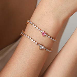 Dainty Heart Shaped Pink <b>White</b> Zircon Link <b>Bracelet</b> Anti Tarnish Polished Stainless Steel Ladies Accessories - Product Image 1