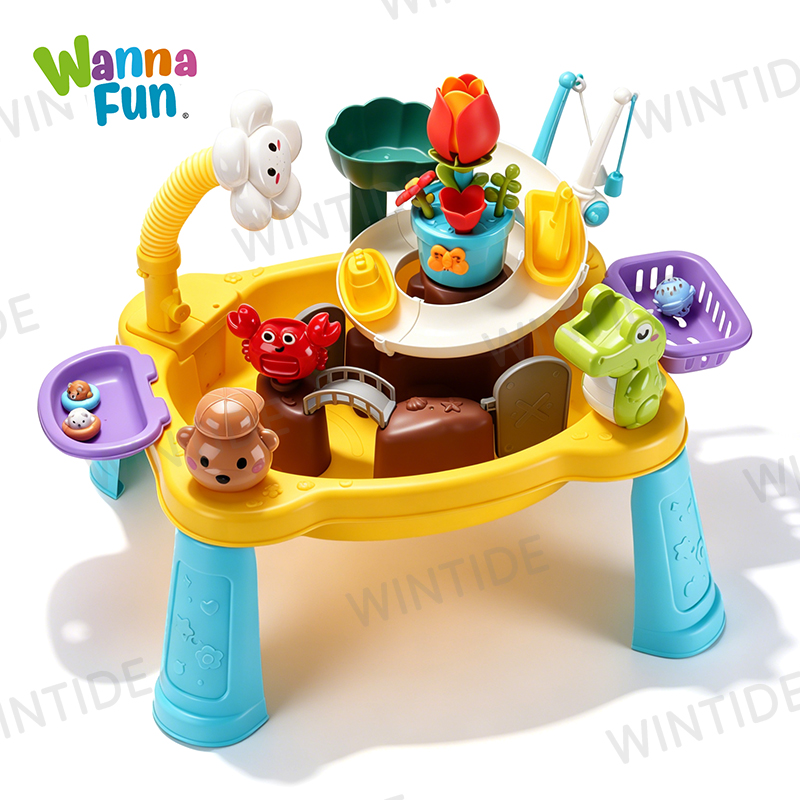 WANNA FUN Animal Beach& Sand Play Table Kids Interactive Water Activity Table with Electric Sprinkler Summer Outdoor Toy for Kid