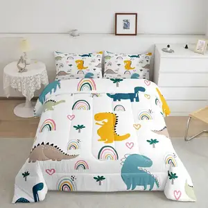 Set selimut anak-anak, motif Digital 3D dinosaurus kartun biru selimut Set 100% katun ukuran penuh kamar tidur dekorasi tempat tidur