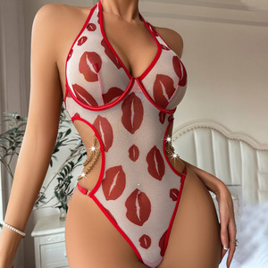 King Mcgreen Star <span class=keywords><strong>Sexy</strong></span> <span class=keywords><strong>Red</strong></span> Lip Print Lingerie Bodysuit Mujeres Hollow Out Metal Chain Backless Open Crotch See-Through Jumpsuit - Product Image 1