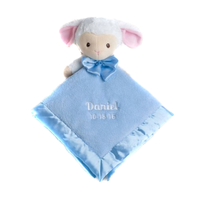 Serviette de bave personnalisable pour bébé, motif mouton carré bleu ciel, en peluche, avec jouet ours, conforme EN71 pour nouveau-nés